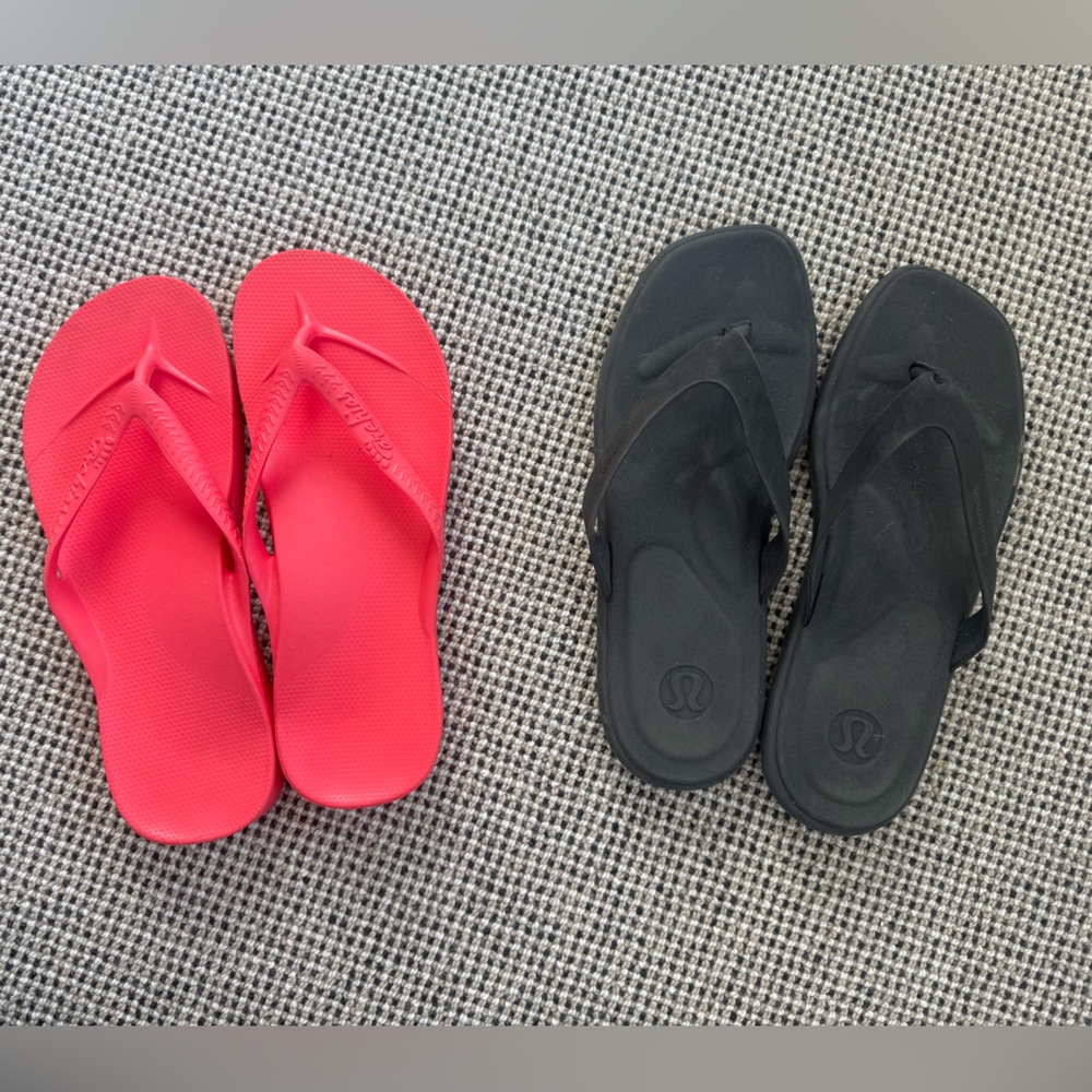 Archie's Persimmon Flip Flops + Lululemon Black Flip Flops Duo 8